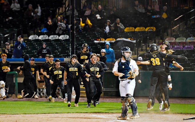 Red Lion celebrates after Jeremiah Morales scores a run during the Crushing Cancer baseball fundraising event action against Dallastown at WellSpan Park in York City, Friday, April 12, 2024. (Dawn J. Sagert/The York Dispatch)