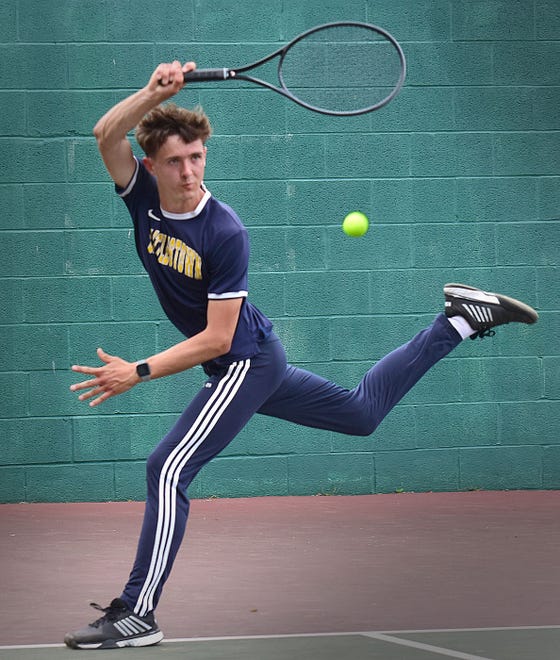 Littlestown's Isaac Marshall competes during the final day of the York-Adams League boys' tennis doubles tournament Tuesday, April 30, 2024, at South Western High School in Hanover.