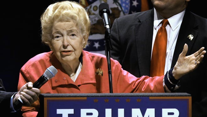FILE In this March 11, 2016 file photo, longtime conservative activist Phyllis Schlafly endorses Republican presidential candidate Donald Trump before Trump begins speaking at a campaign rally in St. Louis. Schlafly, who helped defeat the Equal Rights Amendment in the 1970s and founded the Eagle Forum political group, has died at age 92. The Eagle Forum announced her death in a statement Monday, Sept. 5, 2016. (AP Photo/Seth Perlman, file)