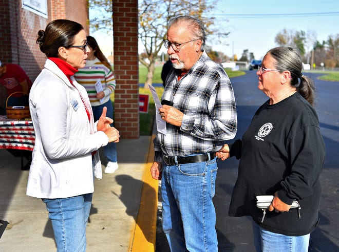 From left, incumbent York County President Commissioner and candidate Julie Wheeler, answers questions from voters Ron and Karen Hermany, of Dover Township, about what county commissioners do, during Election Day at their polling location, New Creation Community Church, in Dover Township, Tuesday, Nov. 7, 2023. The Hermanys moved back to York about six months ago after living outside of Pennsylvania for some time. (Dawn J. Sagert/The York Dispatch)