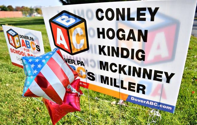Signs outside the Dover Community Center polling location during Election Day in Dover Township, Tuesday, Nov. 7, 2023. (Dawn J. Sagert/The York Dispatch)