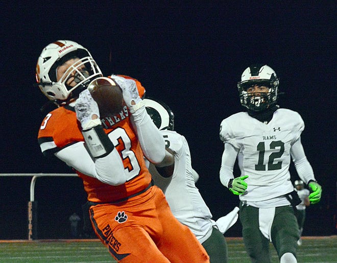 Central York's Ethan Carlos (3) hauls in a pass during the Panthers' District 3 Class 6A playoff game against Central Dauphin on Friday, Nov. 10, 2023, in Springettsbury Township. Central York won, 42-34, in a back-and-forth battle.