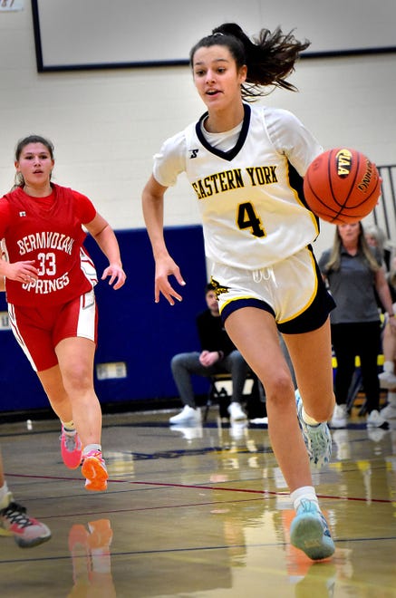Eastern York's Arianna Seitz (4) dribbles up the court against Bermudian Springs during the Eastern York Girls' Basketball Rotary Club Holiday Tournament in Wrightsville on Thursday, Dec. 28, 2023. The host Golden Knights beat the Eagles, 59-51, to win the title.