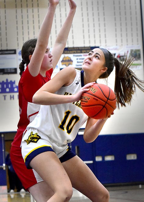 Eastern York's Molly Townsley (10) looks to shoot against Bermudian Springs during the Eastern York Girls' Basketball Rotary Club Holiday Tournament in Wrightsville on Thursday, Dec. 28, 2023. The host Golden Knights beat the Eagles, 59-51, to win the title.