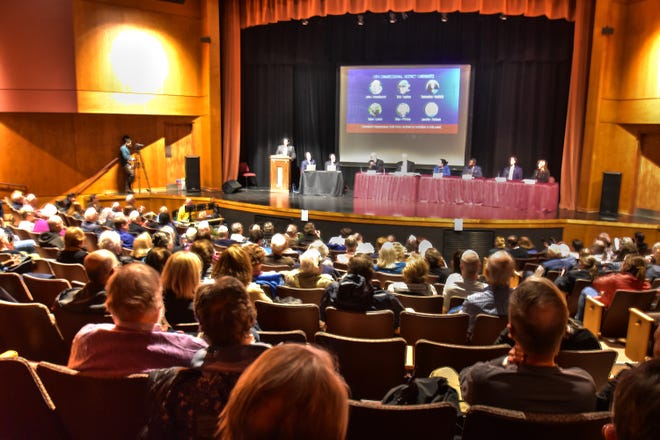 Candidates in the Democratic primary for Pennsylvania's 10th District speak during a forum on Monday, March 25, 2024, at the Rose Lehman Arts Center on the main campus of Harrisburg Area Community College in Harrisburg. Bil Bowden photo