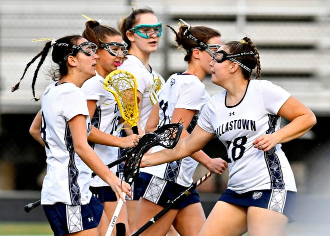 Dallastown celebrates a goal during girls’ lacrosse action at Dallastown Area High School in York Township, Tuesday, April 9, 2024. Dallastown would win the game 14-8. (Dawn J. Sagert/The York Dispatch)