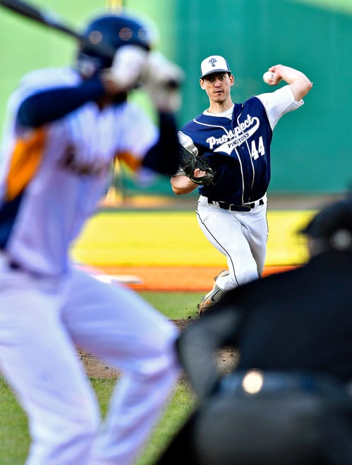 East Prospect’s Dylan Stoops pitches against York Revolution in during baseball action between Susquehanna and Central league all-star players and York Revolution during Fan Fest at WellSpan Park in York City, Saturday, April 20, 2024. (Dawn J. Sagert/The York Dispatch)