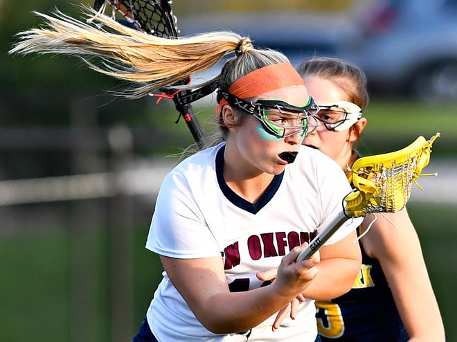 Eastern York vs. New Oxford during girls lacrosse action at New Oxford High School in Oxford Township, Tuesday, April 23, 2024. (Dawn J. Sagert/The York Dispatch)