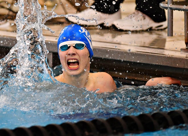 Spring Grove's Daniel K. Gordon reacts after winning the 100 Yard Freestyle event during the York-Adams League Swimming Championship at Central York High School in Springettsbury Township, Saturday, Feb. 9, 2019. Dawn J. Sagert photo