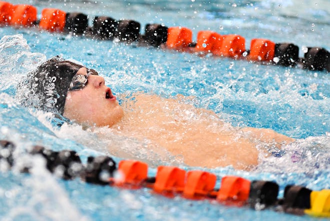 South Western's Jeremy Hargis competes in the 100 Yard Backstroke event during the York-Adams League Swimming Championship at Central York High School in Springettsbury Township, Saturday, Feb. 9, 2019. Dawn J. Sagert photo