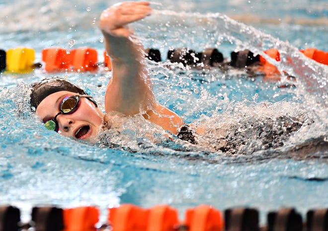 Dover's Emma Pequignot competes in the 500 Yard Freestyle event during York-Adams League Swimming Championship at Central York High School in Springettsbury Township, Saturday, Feb. 9, 2019. Dawn J. Sagert photo