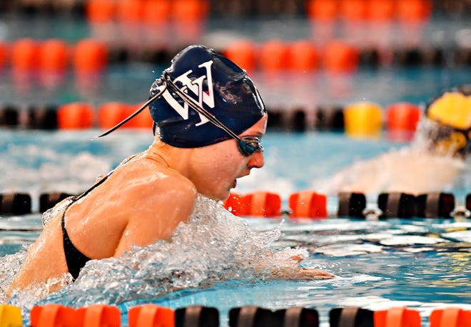 West York's Meaghan Harnish competes in the 100 Yard Breaststroke event during York-Adams League Swimming Championship at Central York High School in Springettsbury Township, Saturday, Feb. 9, 2019. Harnish would win the event at 1:05.86. Dawn J. Sagert photo
