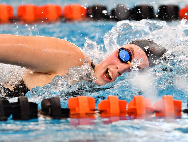 York Suburban's Hannah Lawton swims anchor in the 400 Yard Freestyle Relay event during York-Adams League Swimming Championship at Central York High School in Springettsbury Township, Saturday, Feb. 9, 2019. Dawn J. Sagert photo