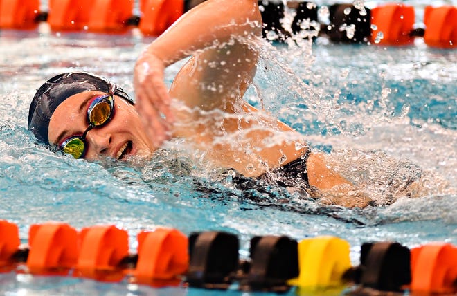 West York's Meghan French competes in the 500 Yard Freestyle event during York-Adams League Swimming Championship at Central York High School in Springettsbury Township, Saturday, Feb. 9, 2019. French would win the event at 5:08.48. Dawn J. Sagert photo