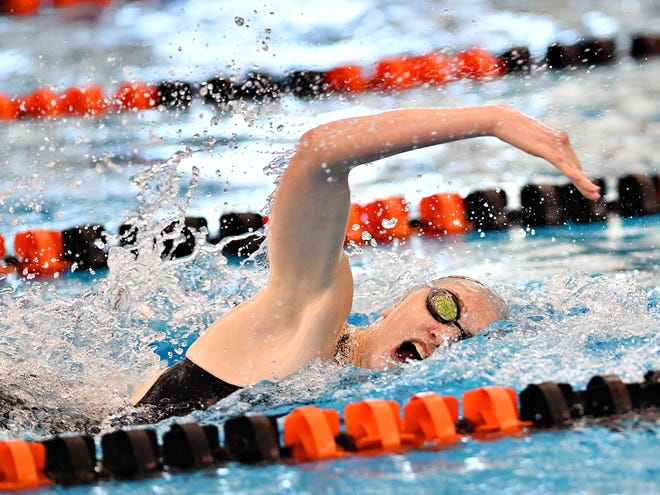 Central York's Gabby Miller swims anchor in the 400 Yard Freestyle Relay event during York-Adams League Swimming Championship at Central York High School in Springettsbury Township, Saturday, Feb. 9, 2019. Dawn J. Sagert photo