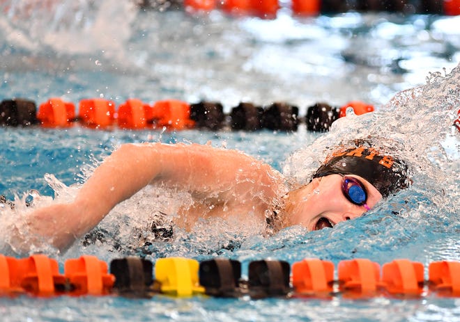 Northeastern's Madison E. Taylor competes in the 100 Yard Freestyle event during York-Adams League Swimming Championship at Central York High School in Springettsbury Township, Saturday, Feb. 9, 2019. Dawn J. Sagert photo