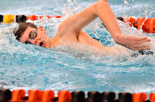 Central York's Patrick O'Neill competes in the 500 Yard Freestyle event during the York-Adams League Swimming Championship at Central York High School in Springettsbury Township, Saturday, Feb. 9, 2019. Dawn J. Sagert photo