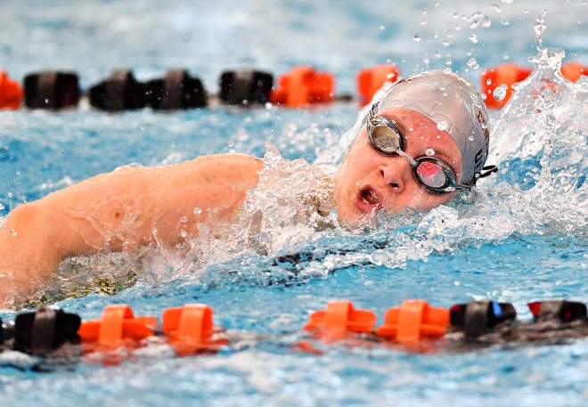 Central York's Sydney Ulmer swims in the 400 Yard Freestyle Relay event during York-Adams League Swimming Championship at Central York High School in Springettsbury Township, Saturday, Feb. 9, 2019. Dawn J. Sagert photo