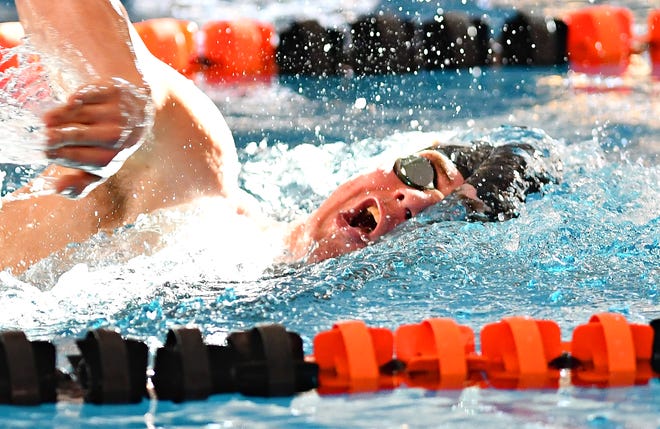 York Suburban's Garrett Herink competes in the 500 Yard Freestyle event during the York-Adams League Swimming Championship at Central York High School in Springettsbury Township, Saturday, Feb. 9, 2019. Dawn J. Sagert photo