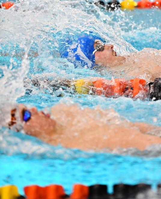 The 100 Yard Backstroke event during the York-Adams League Swimming Championship at Central York High School in Springettsbury Township, Saturday, Feb. 9, 2019. Dawn J. Sagert photo