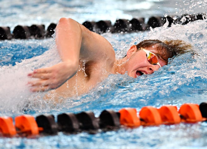 Central York's Cody Beck competes in the 400 Yard Freestyle Relay event during the York-Adams League Swimming Championship at Central York High School in Springettsbury Township, Saturday, Feb. 9, 2019. Dawn J. Sagert photo