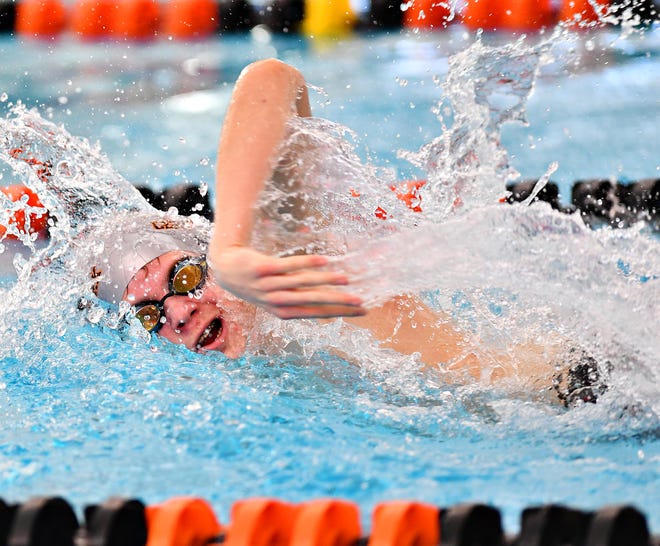 Central York's Nathan Dundas competes in the 400 Yard Freestyle Relay event during the York-Adams League Swimming Championship at Central York High School in Springettsbury Township, Saturday, Feb. 9, 2019. Dawn J. Sagert photo