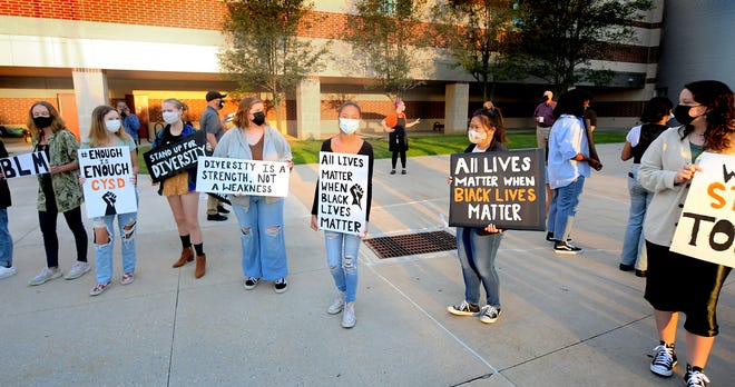 Central York High School students protest the school's ban on books and other teaching materials by black and Hispanic authors during a rally outside the school Wednesday, Sept. 8, 2021. The Panther Anti-Racist Union–a student organization–organized the protest which they say will occur daily until Sept. 13, the date of the next district school board meeting. Bill Kalina photo