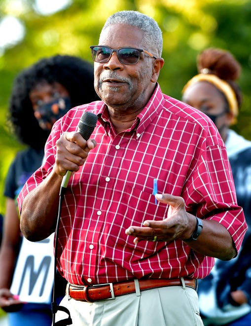 Former Central York School Board Director Daniel Elby speaks during a rally outside the Central York School District Administration offices before a school board meeting there Monday, Sept. 20, 2021. He was on school board in the district in the 1980s. The rally was in opposition to a banned resource list instituted by the district, which demonstrators say targets minority authors. District officials added formal discussion of the ban to Monday's agenda. Bill Kalina photo