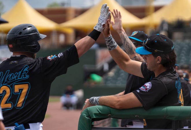 York Revolution's Trent Giambrone (27), left, and Drew Mendoza (16), right, after scoring against the Black Socks during their game at Fan Fest at WellSpan Park in York on Saturday, Apr. 22, 2023.