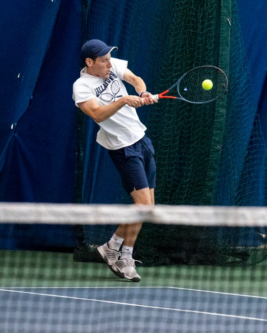Dallastown's Andrew Chronister during the York-Adams boys tennis doubles championship in York on Tuesday, May 2, 2023.