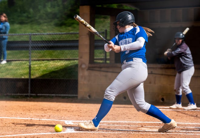 Spring Grove's Katie Gartrell (3) against Red Lion during their softball game in Red Lion on Wednesday, May 3, 2023.