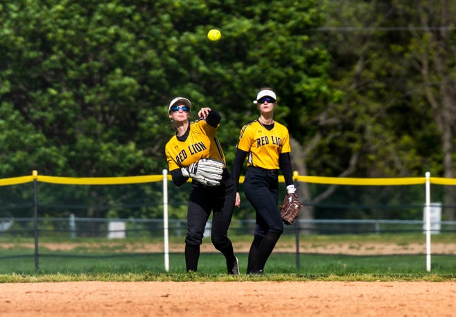 Red Lion's Kennedy Fultz (22) throwing to the infield against Spring Grove during their softball game in Red Lion on Wednesday, May 3, 2023.