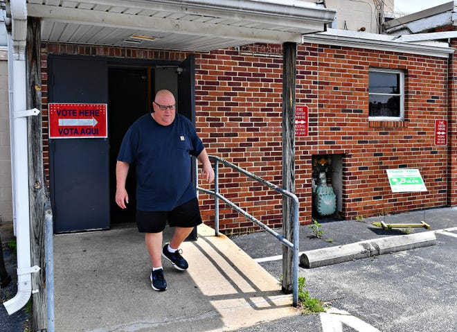 Resident Todd Lippy, of West York Borough, leaves Reliance Fire Company after casting his vote on Primary Election Day in West York Borough, Tuesday, May 16, 2023. Dawn J. Sagert photo